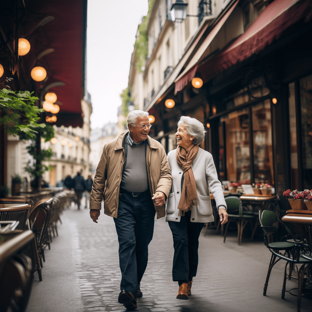 Couple de personnes âgées souriant se tenant la main en marchant et en se regardant
