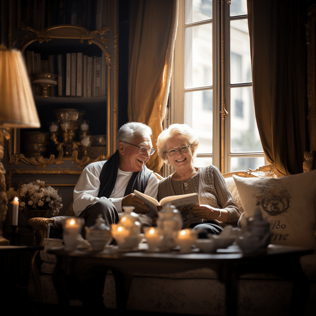 Couple de personnes âgées profitant d'un livre ensemble sur un canapé d'intérieur confortable