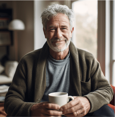 des hommes âgés souriant et savourant sa tasse de thé