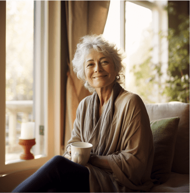 Une femme âgée souriante assise sur un canapé et savourant sa tasse de thé