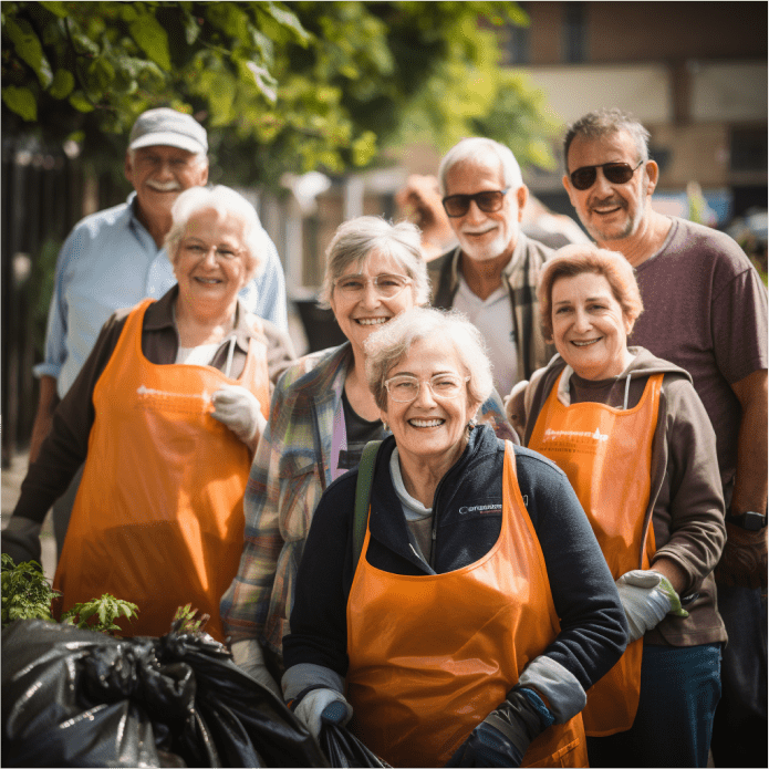 Groupe de personnes âgées souriant en ramassant des déchets à l'extérieur