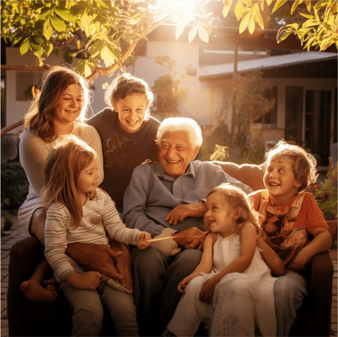 vieil homme souriant et s'amusant avec les enfants