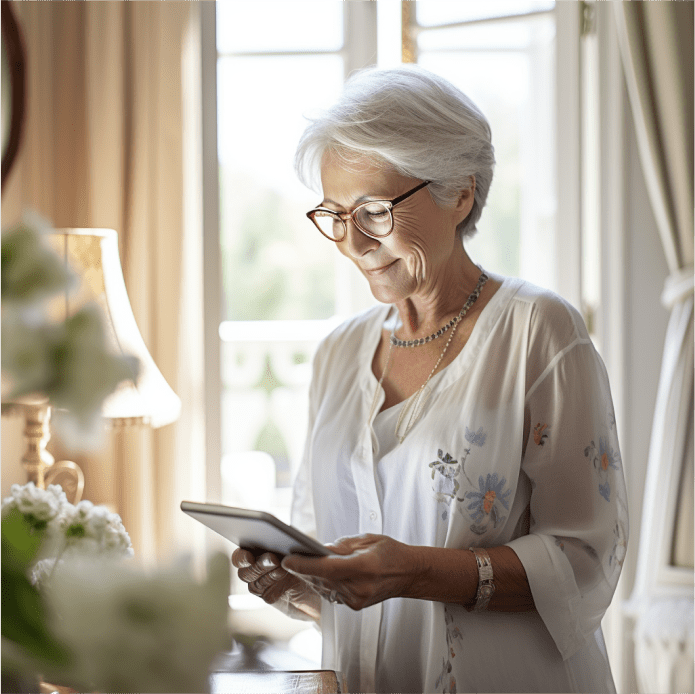 vieille dame utilisant une tablette