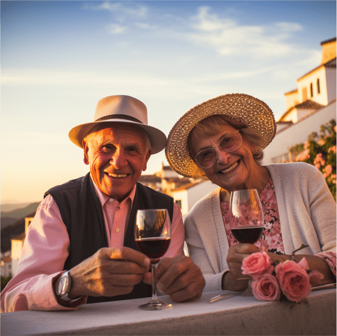 couple de personnes âgées buvant du vin ensemble