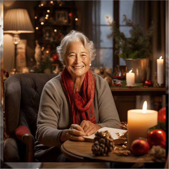 une dame âgée lisant un livre et souriant