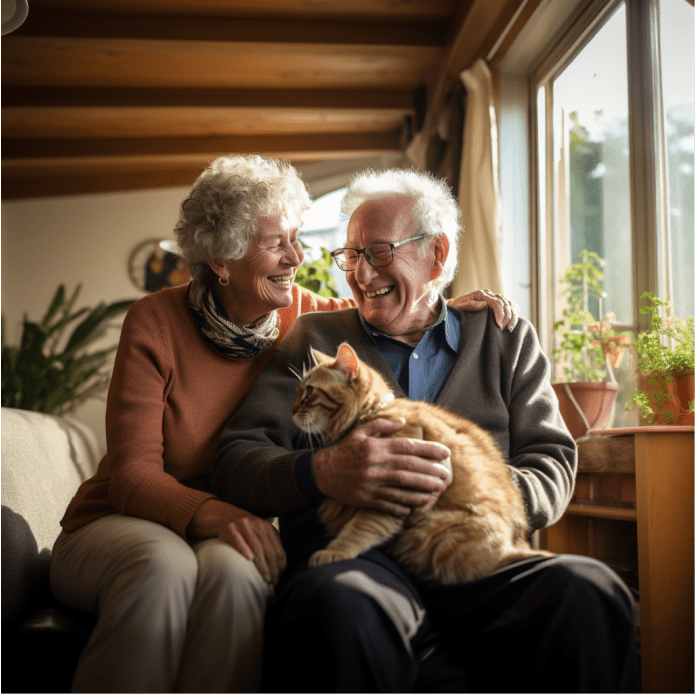 Couple souriant assis sur un canapé tenant un chat