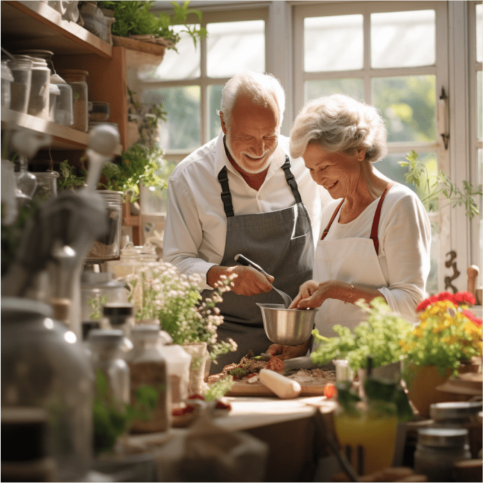 couple de personnes âgées cuisinant ensemble