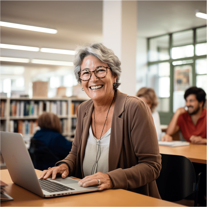 vieille dame travaillant sur un ordinateur portable et souriant