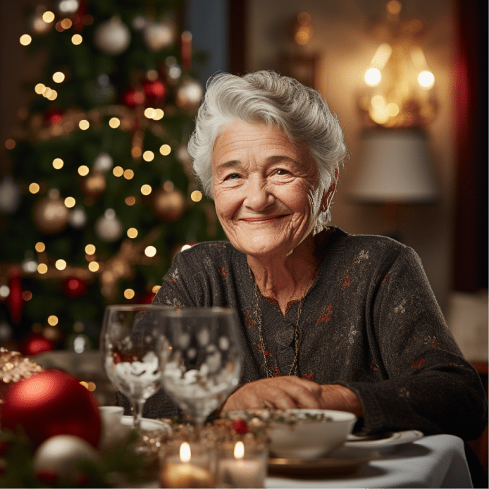 Une dame âgée souriante assise à une table à manger