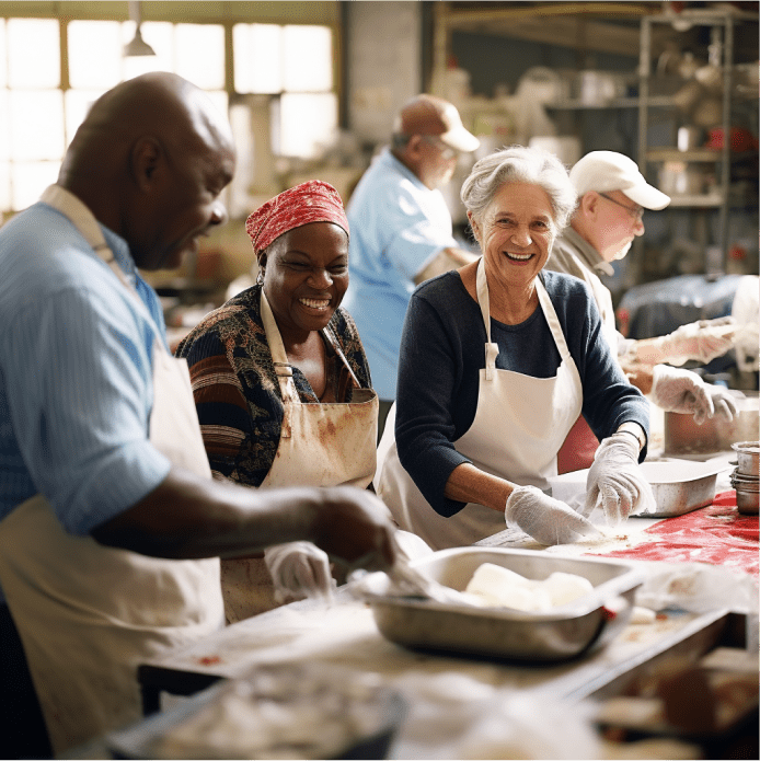 groupe de personnes âgées appréciant cuisiner ensemble