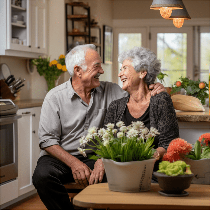 couple de personnes âgées souriant en se regardant