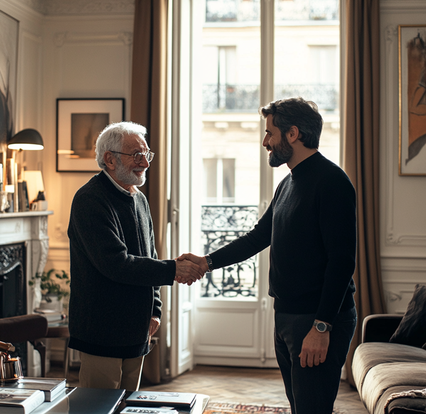 des hommes âgés et des jeunes hommes se serrant la main